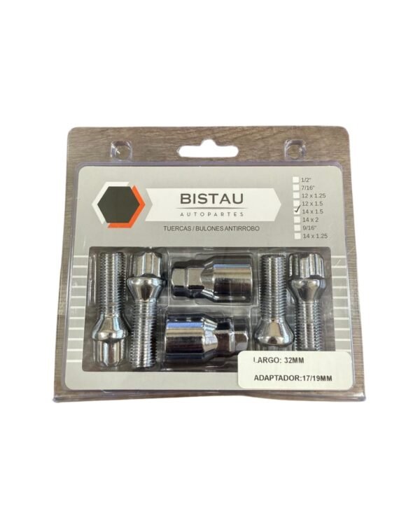 TUERCAS BULONES ANTIRROBO REFORZADAS 14MM X 1,5 LARGO: 32MM ADAPTADOR 17/19MM